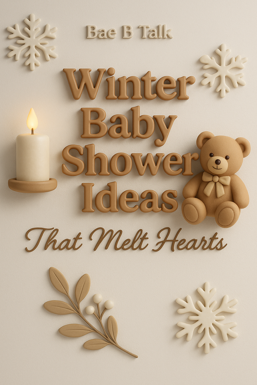 Stylized whimsical 3D render of an elegant winter baby shower setup with soft white and gold décor, teddy bear accents, warm candlelight, and snowflake details — cozy Pinterest-style scene for Bae B Talk