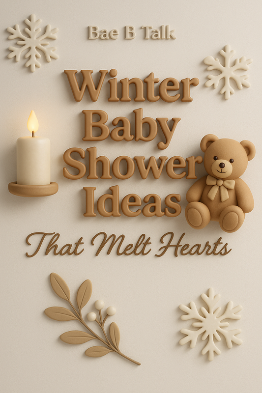 Stylized whimsical 3D render of an elegant winter baby shower setup with soft white and gold décor, teddy bear accents, warm candlelight, and snowflake details — cozy Pinterest-style scene for Bae B Talk