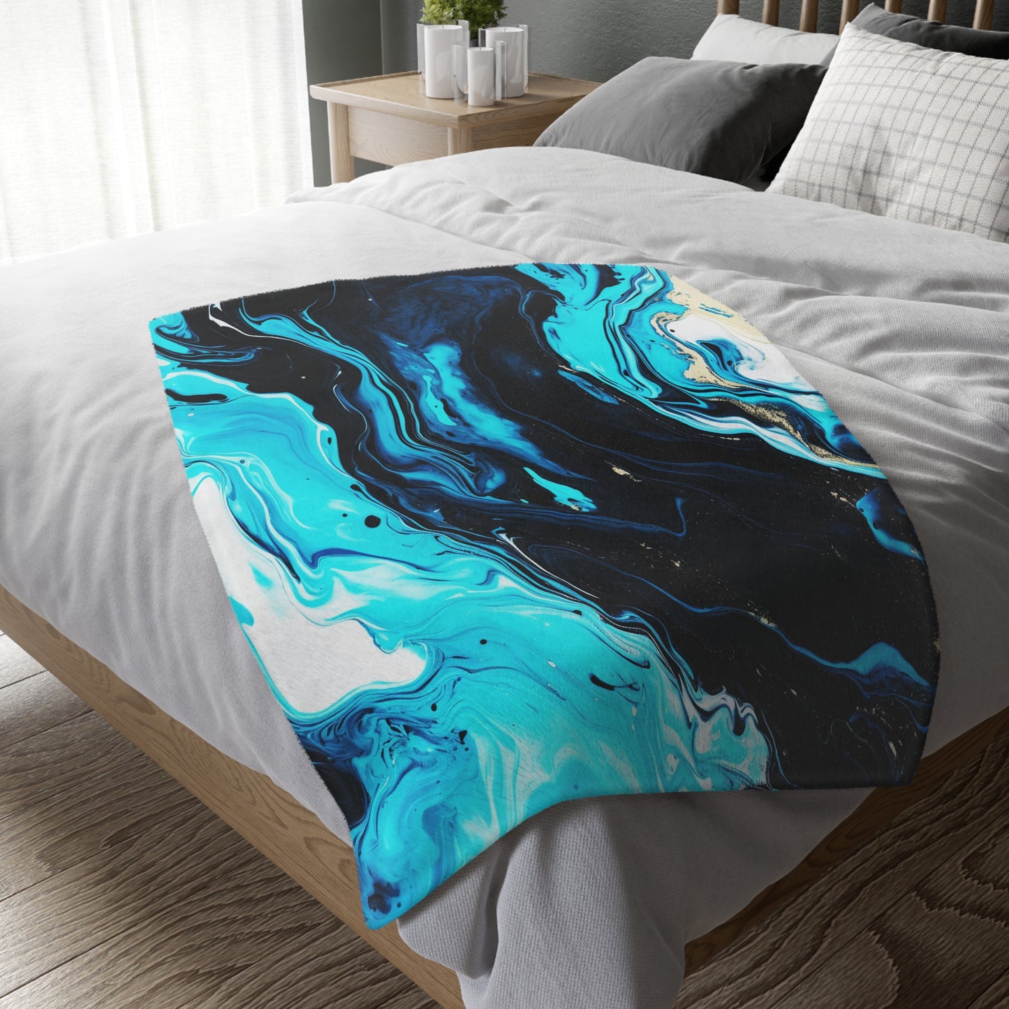 Turquoise & Black Velveteen Minky Blanket (Two-sided print)