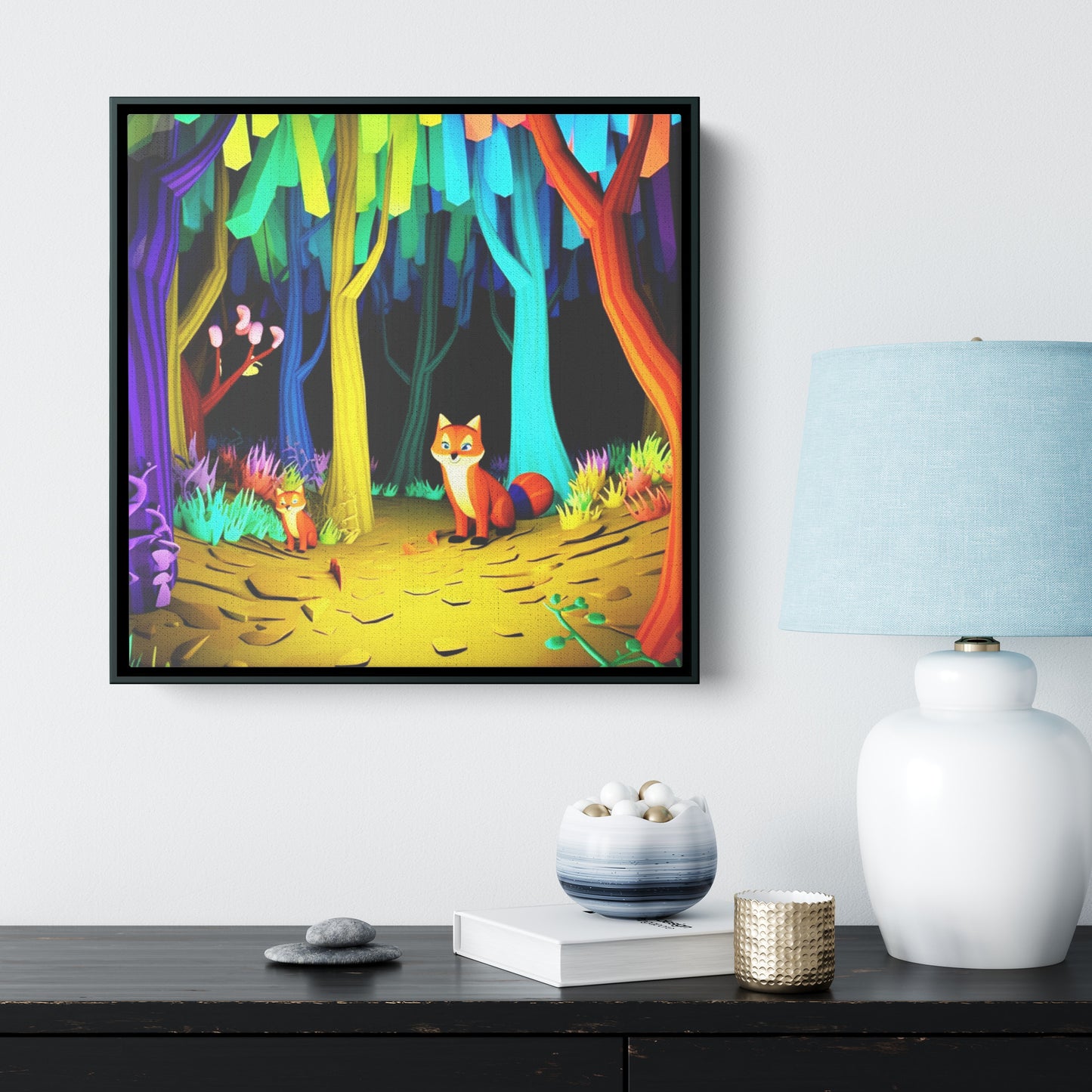 Fox's in Enchanted Forest Frame Canvas Art