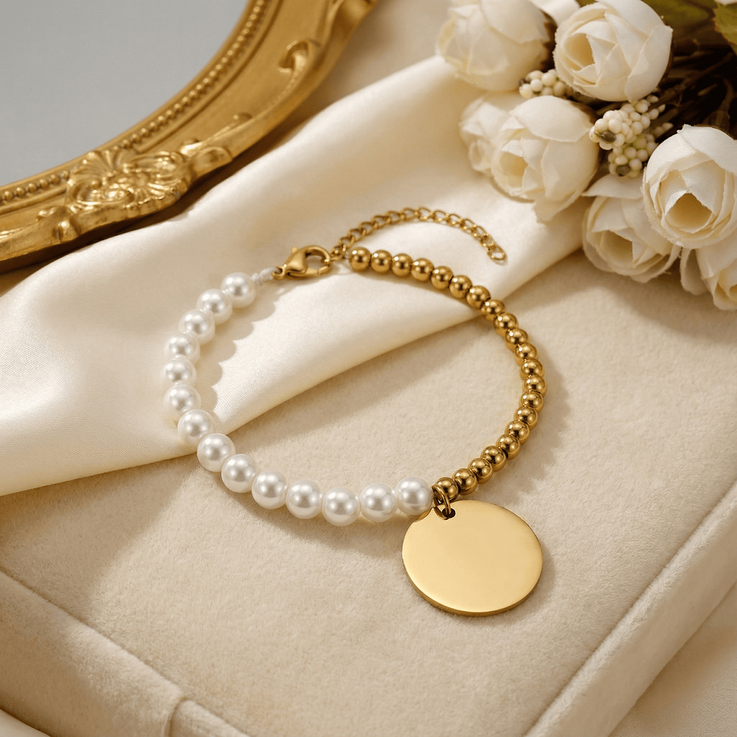 Premium Pearl & Gold Coin Bracelet: Mother of Pearl